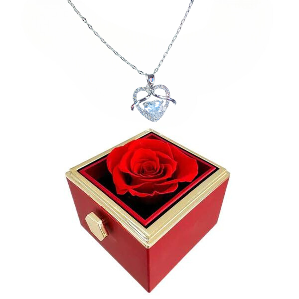 (⏰ Valentine Special: Limited Stock)🌹Eternally Preserved Rotating Rose Box - W/ Beautiful Heart Necklace 💎✨