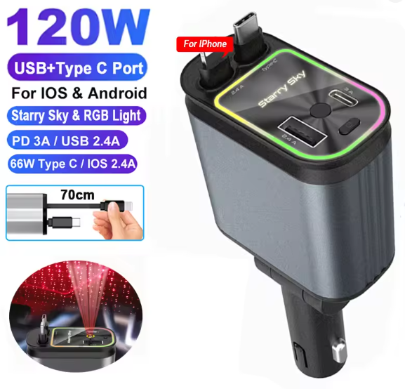 4 IN 1 Retractable Super Fast Car Phone Charger