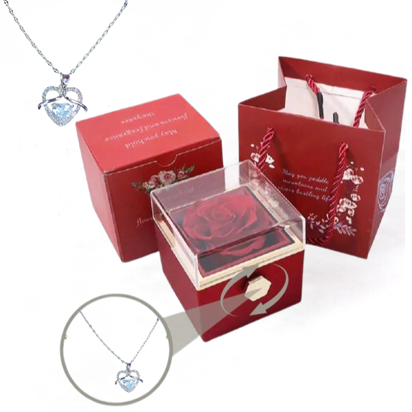 (⏰ Valentine Special: Limited Stock)🌹Eternally Preserved Rotating Rose Box - W/ Beautiful Heart Necklace 💎✨